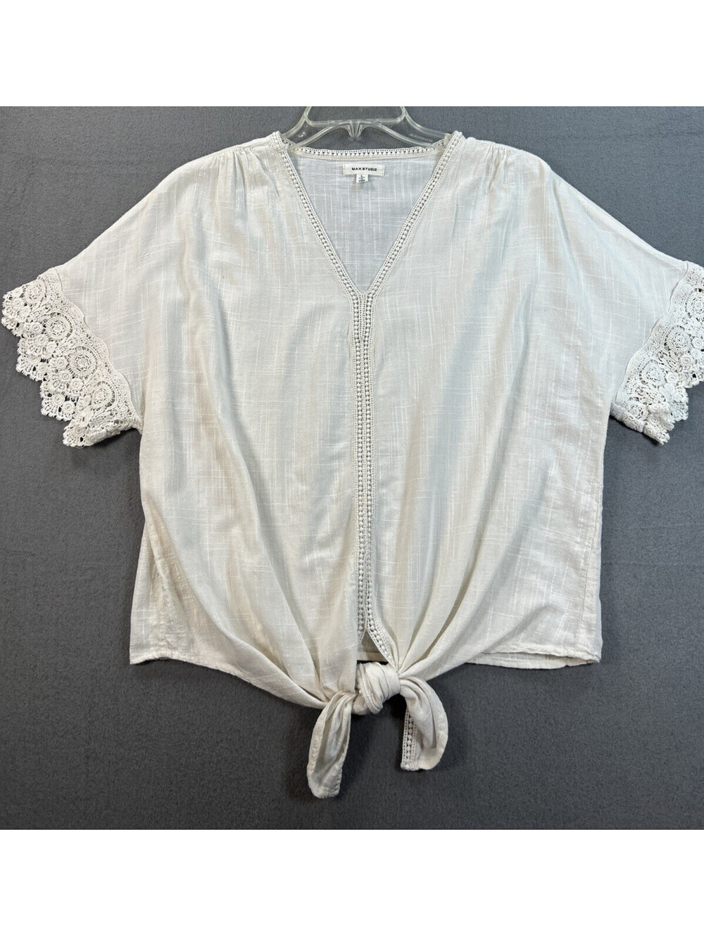 Max Studio Size L Ivory Tie Front Short Sleeve Top Lace Trim V-neck Peasant Boho